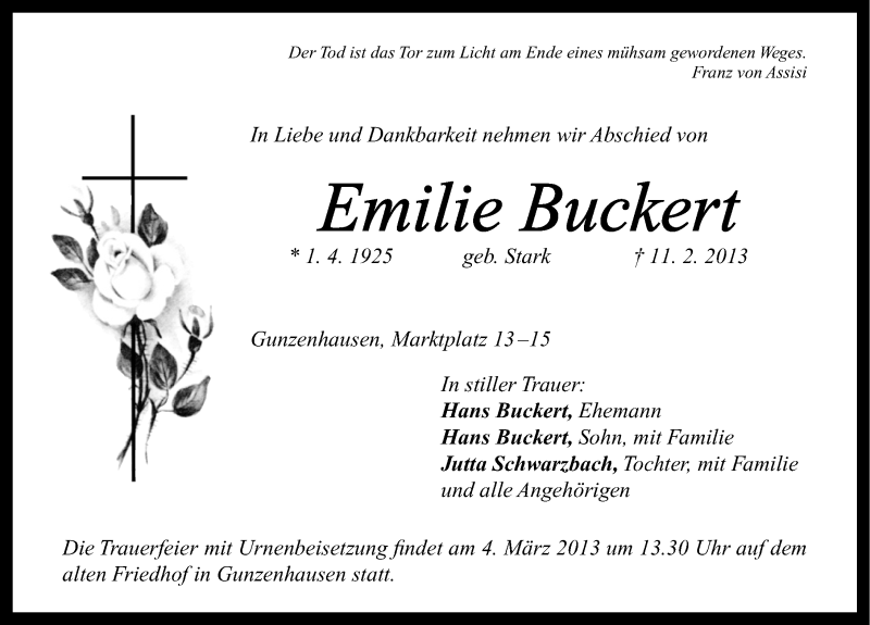  Traueranzeige für Emilie Buckert vom 16.02.2013 aus Altmühl-Bote Lokal