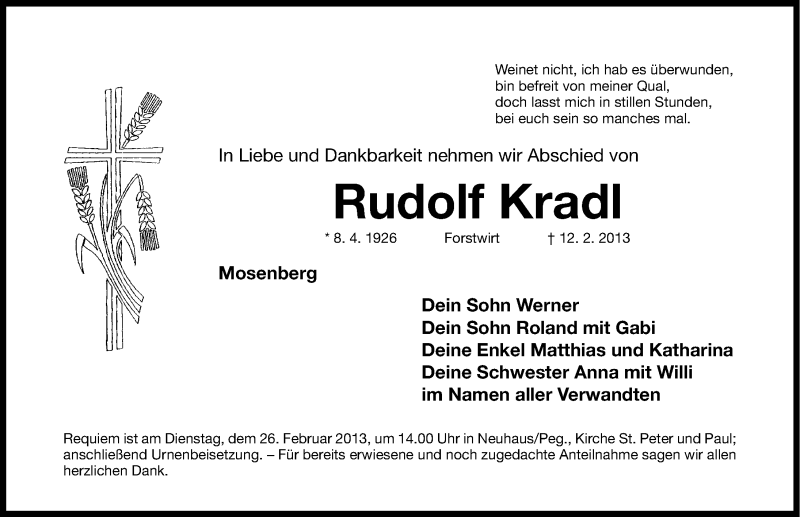  Traueranzeige für Rudolf Kradl vom 23.02.2013 aus Nordbayerische Nachrichten Pegnitz Lokal
