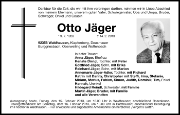 Traueranzeige von Otto Jäger von Neumarkter Nachrichten Lokal