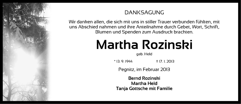  Traueranzeige für Martha Rozinski vom 16.02.2013 aus Nordbayerische Nachrichten Pegnitz Lokal