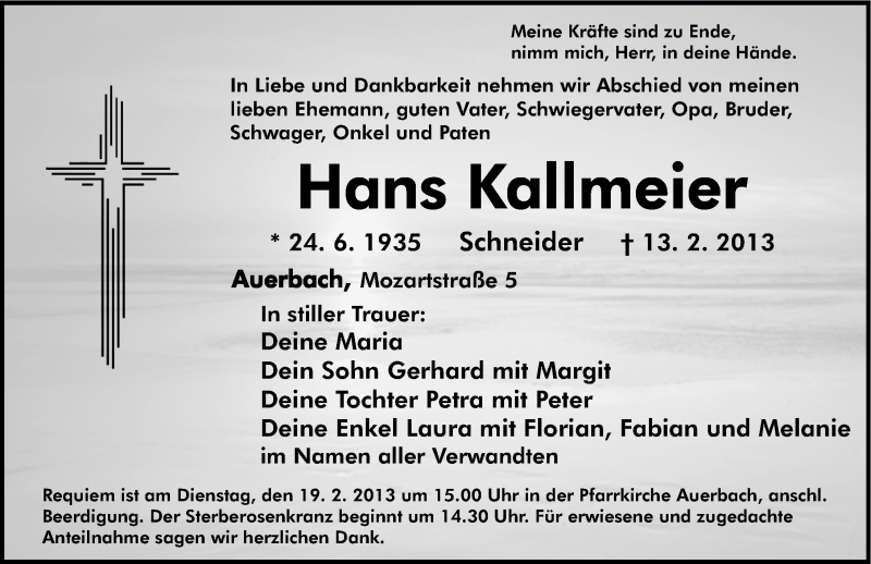  Traueranzeige für Hans Kallmeier vom 16.02.2013 aus Nordbayerische Nachrichten Pegnitz Lokal