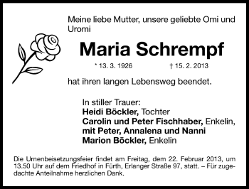Traueranzeige von Maria Schrempf von Gesamtausgabe Nürnberger Nachrichten/ Nürnberger Ztg.