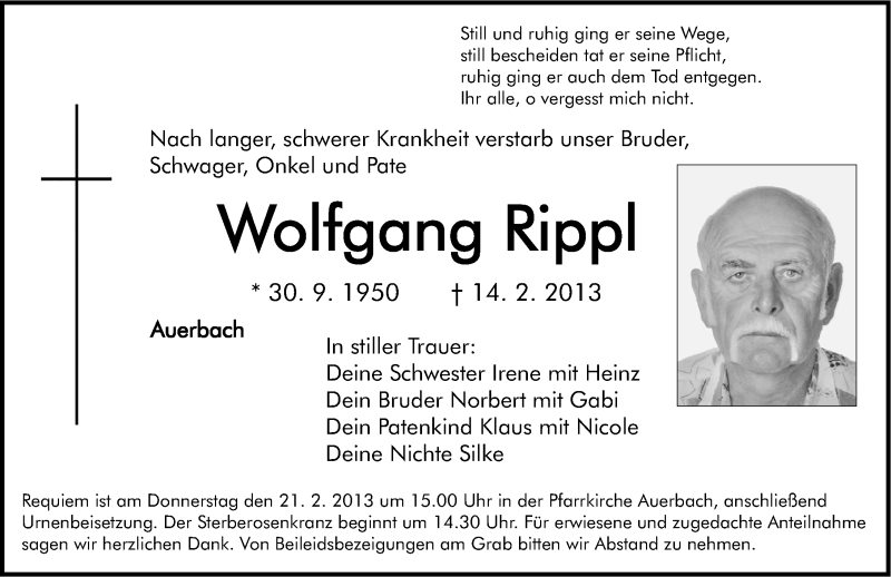  Traueranzeige für Wolfgang Rippl vom 16.02.2013 aus Nordbayerische Nachrichten Pegnitz Lokal