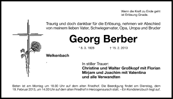 Traueranzeige von Georg Berber von Nordbayerische Nachrichten Herzogenaurach Lokal