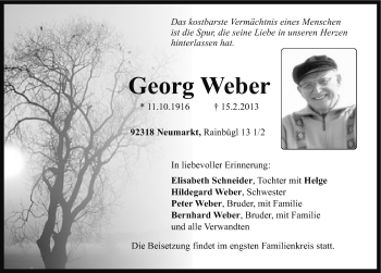 Traueranzeige von Georg Weber von Neumarkter Nachrichten Lokal