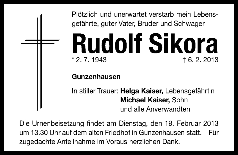  Traueranzeige für Rudolf Sikora vom 16.02.2013 aus Altmühl-Bote Lokal