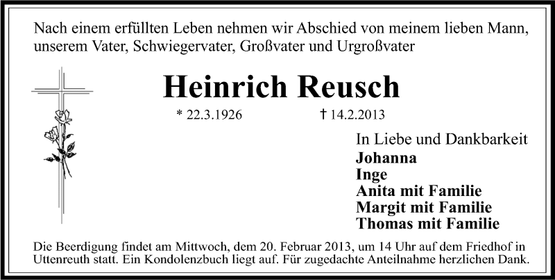  Traueranzeige für Heinrich Reusch vom 18.02.2013 aus Erlanger Nachrichten Lokal