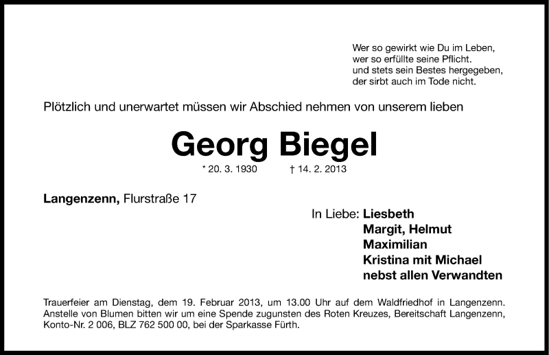  Traueranzeige für Georg Biegel vom 18.02.2013 aus Fürther Nachrichten Lokal