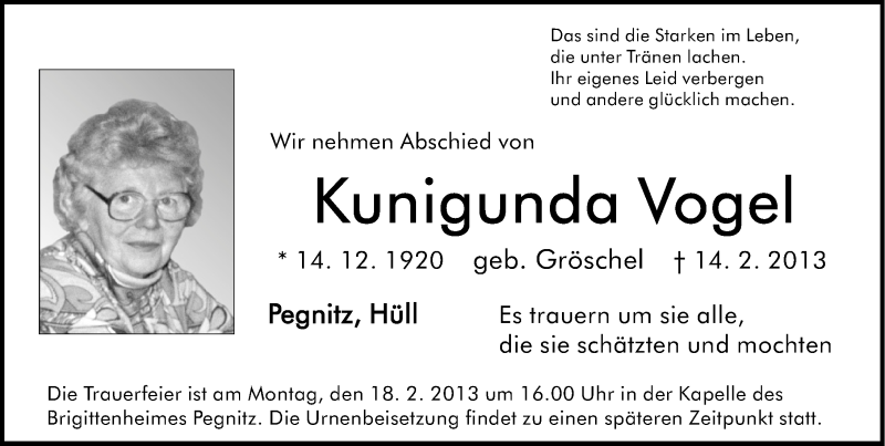  Traueranzeige für Kunigunda Vogel vom 18.02.2013 aus Nordbayerische Nachrichten Pegnitz Lokal