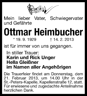 Traueranzeige von Ottmar Heimbucher von Gesamtausgabe Nürnberger Nachrichten/ Nürnberger Ztg.