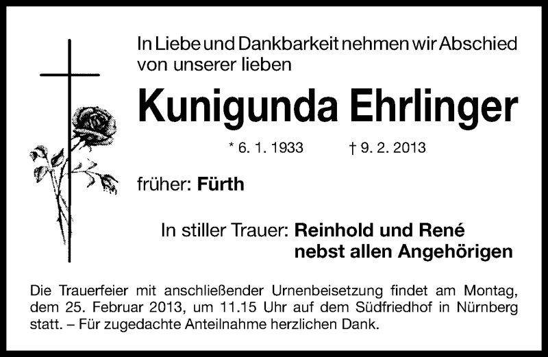  Traueranzeige für Kunigunda Ehrlinger vom 20.02.2013 aus Fürther Nachrichten Lokal