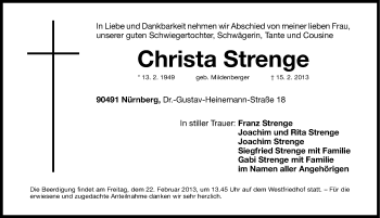 Traueranzeige von Christa Strenge von Gesamtausgabe Nürnberger Nachrichten/ Nürnberger Ztg.