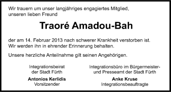 Traueranzeige von Traore Amadou-Bah von Fürther Nachrichten Lokal