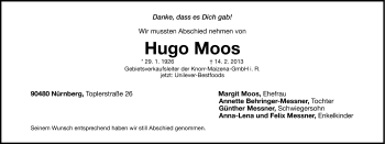 Traueranzeige von Hugo Moos von Gesamtausgabe Nürnberger Nachrichten/ Nürnberger Ztg.