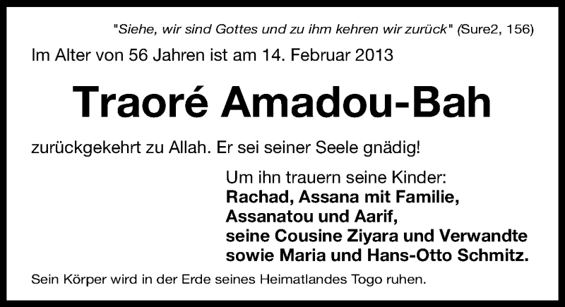  Traueranzeige für Traore Amadou-Bah vom 19.02.2013 aus Fürther Nachrichten Lokal