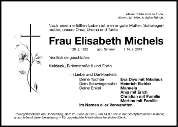Traueranzeige von Elisabeth Michels von Roth-Hilpoltsteiner Volkszeitung Lokal