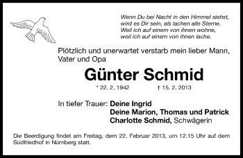 Traueranzeige von Günter Schmid von Gesamtausgabe Nürnberger Nachrichten/ Nürnberger Ztg.