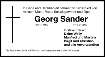 Traueranzeige von Georg Sander von Gesamtausgabe Nürnberger Nachrichten/ Nürnberger Ztg.