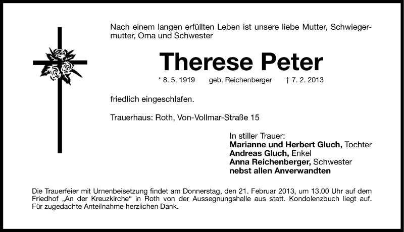  Traueranzeige für Therese Peter vom 20.02.2013 aus Roth-Hilpoltsteiner Volkszeitung Lokal