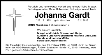 Traueranzeige von Johanna Gardt von Gesamtausgabe Nürnberger Nachrichten/ Nürnberger Ztg.