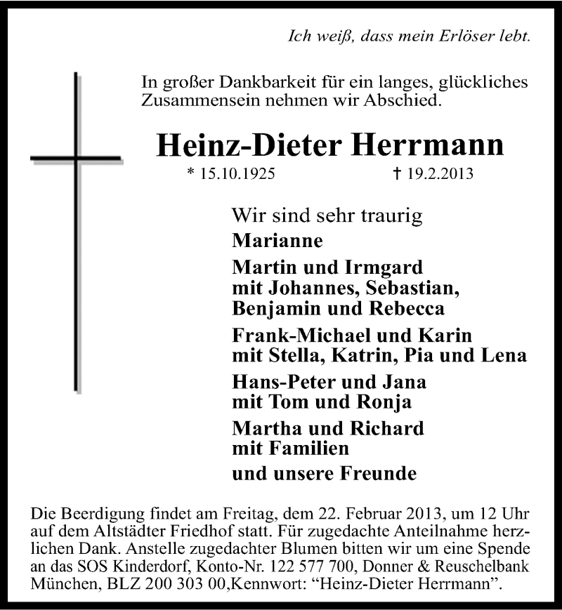  Traueranzeige für Heinz-Dieter Herrmann vom 20.02.2013 aus Erlanger Nachrichten Lokal
