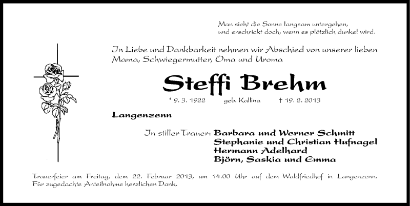  Traueranzeige für Steffi Brehm vom 20.02.2013 aus Fürther Nachrichten Lokal