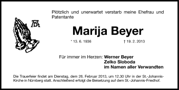 Traueranzeige von Marija Beyer von Gesamtausgabe Nürnberger Nachrichten/ Nürnberger Ztg.