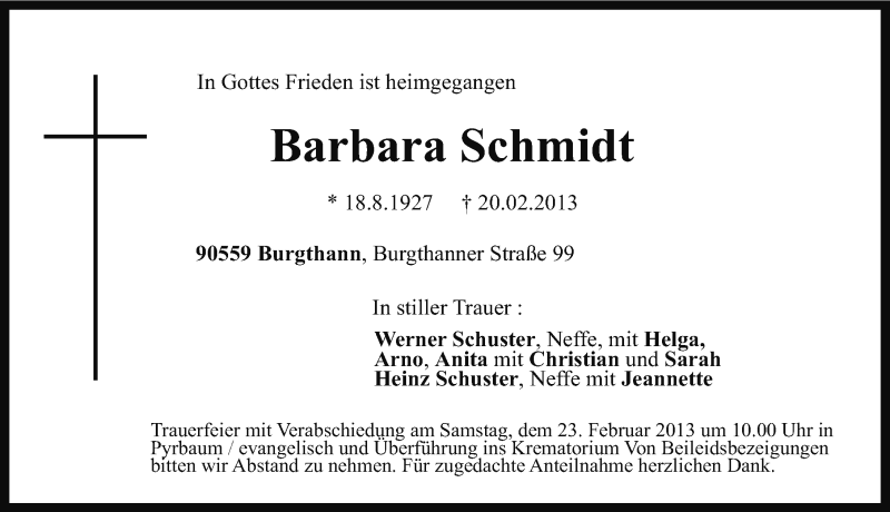  Traueranzeige für Barbara Schmidt vom 21.02.2013 aus Neumarkter Nachrichten Lokal