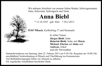 Traueranzeige von Anna Biebl von Neumarkter Nachrichten Lokal