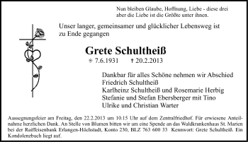 Traueranzeige von Grete Schultheiß von Erlanger Nachrichten Lokal