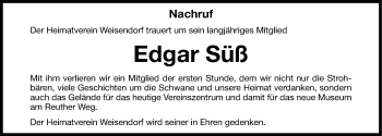 Traueranzeige von Edgar Süß von Nordbayerische Nachrichten Herzogenaurach Lokal