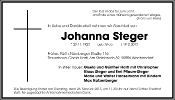Traueranzeige von Johanna Steger von Gesamtausgabe Nürnberger Nachrichten/ Nürnberger Ztg.
