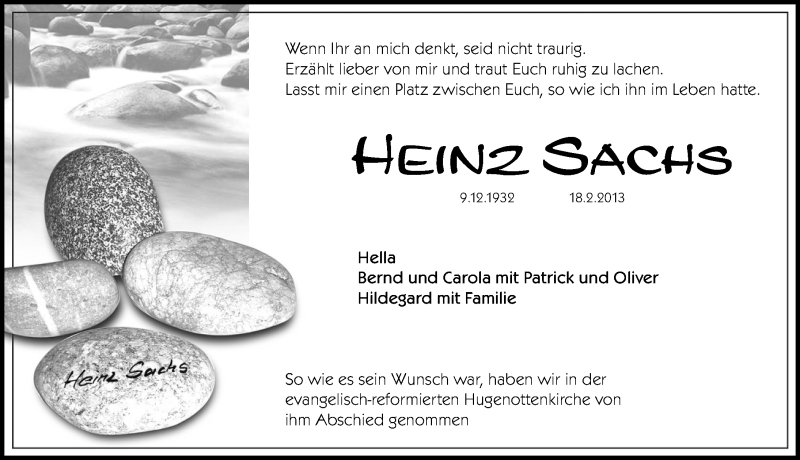  Traueranzeige für Sachs Heinz vom 23.02.2013 aus Erlanger Nachrichten Lokal