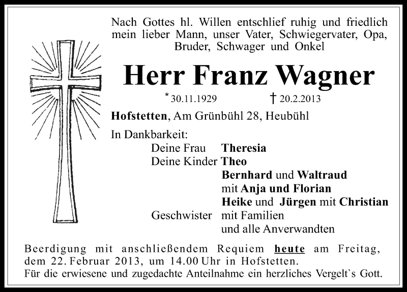  Traueranzeige für Franz Wagner vom 22.02.2013 aus Roth-Hilpoltsteiner Volkszeitung Lokal