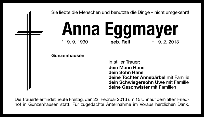  Traueranzeige für Anna Eggmayer vom 22.02.2013 aus Altmühl-Bote Lokal