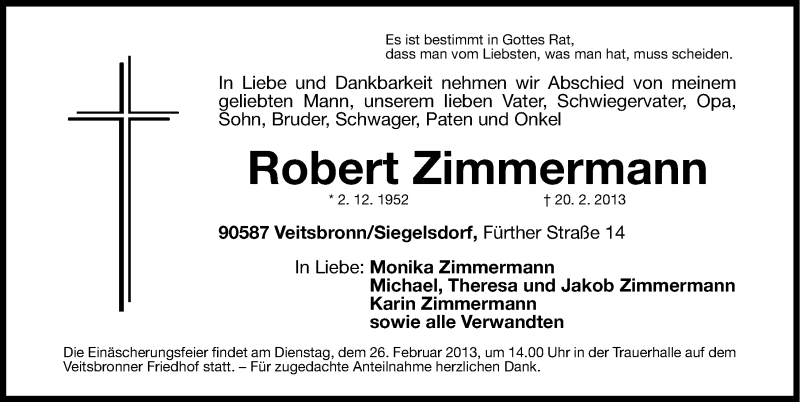  Traueranzeige für Robert Zimmermann vom 22.02.2013 aus Fürther Nachrichten Lokal