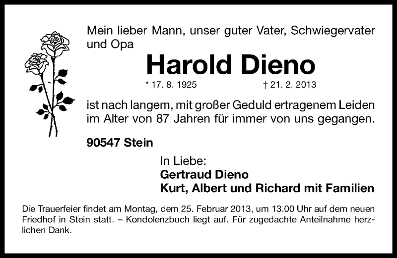  Traueranzeige für Harold Dieno vom 23.02.2013 aus Gesamtausgabe Nürnberger Nachrichten/ Nürnberger Ztg.