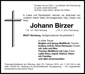 Traueranzeige von Johann Birzer von Gesamtausgabe Nürnberger Nachrichten/ Nürnberger Ztg.