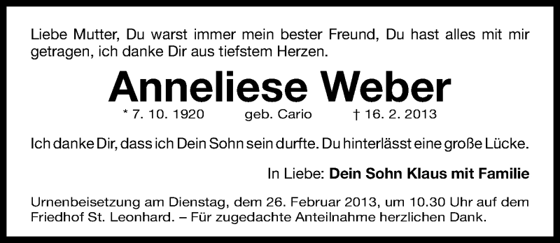  Traueranzeige für Anneliese Weber vom 23.02.2013 aus Gesamtausgabe Nürnberger Nachrichten/ Nürnberger Ztg.