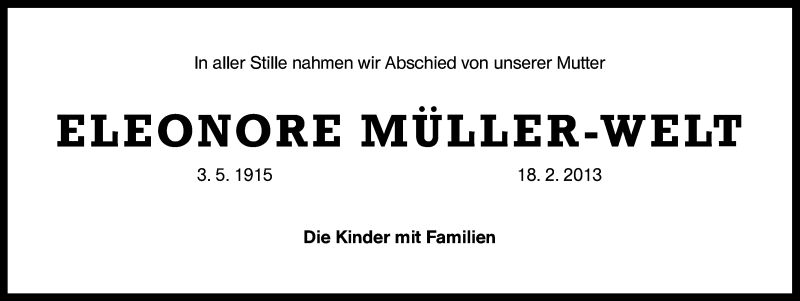  Traueranzeige für Eleonore Müller-Welt vom 23.02.2013 aus Gesamtausgabe Nürnberger Nachrichten/ Nürnberger Ztg.