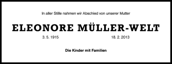 Traueranzeige von Eleonore Müller-Welt von Gesamtausgabe Nürnberger Nachrichten/ Nürnberger Ztg.