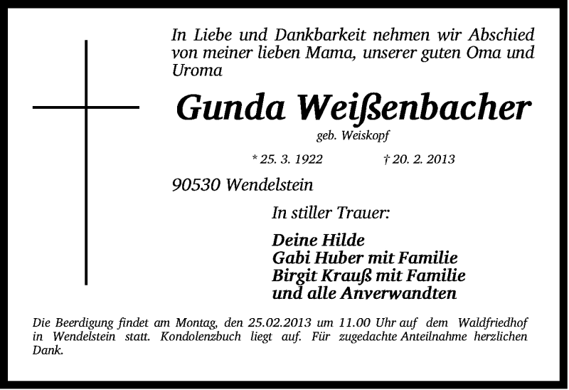  Traueranzeige für Gunda Weißenbacher vom 23.02.2013 aus Gesamtausgabe Nürnberger Nachrichten/ Nürnberger Ztg.