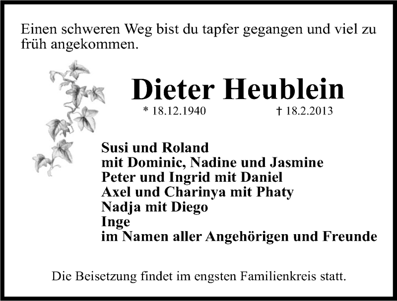  Traueranzeige für Dieter Heublein vom 23.02.2013 aus Erlanger Nachrichten Lokal