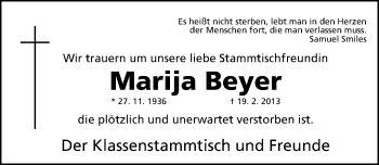 Traueranzeige von Marija Beyer von Gesamtausgabe Nürnberger Nachrichten/ Nürnberger Ztg.