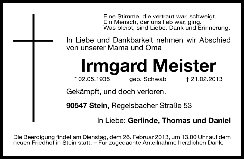  Traueranzeige für Irmgard Meister vom 23.02.2013 aus Gesamtausgabe Nürnberger Nachrichten/ Nürnberger Ztg.