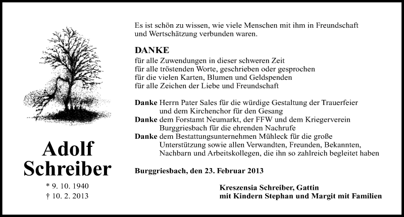  Traueranzeige für Adolf Schreiber vom 23.02.2013 aus Neumarkter Nachrichten Lokal
