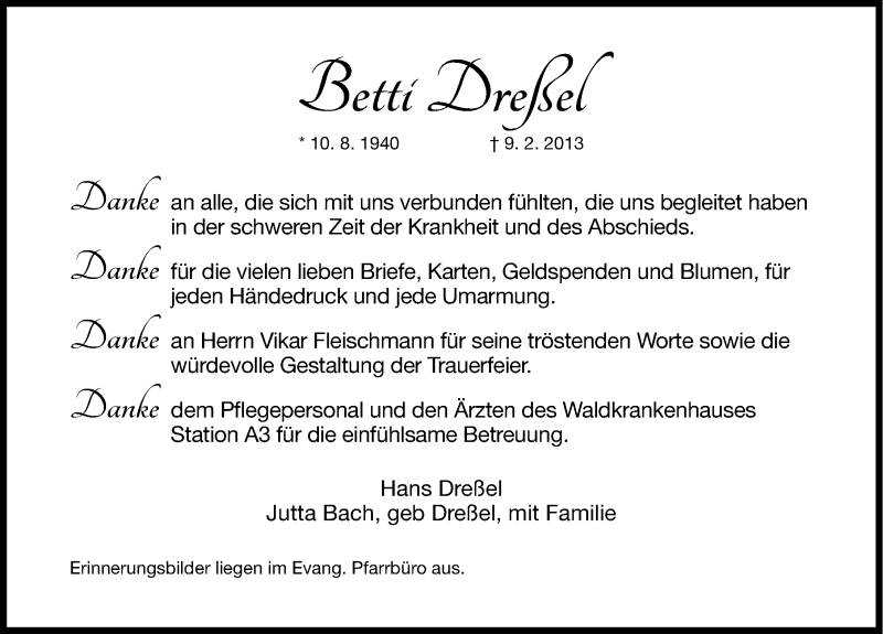  Traueranzeige für Betti Dreßel vom 23.02.2013 aus Nordbayerische Nachrichten Herzogenaurach Lokal
