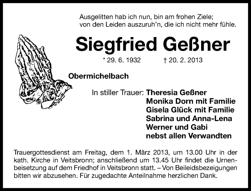  Traueranzeige für Siegfried Geßner vom 25.02.2013 aus Fürther Nachrichten Lokal