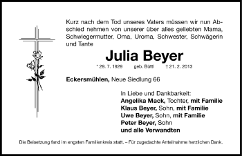 Traueranzeige von Julia Beyer von Roth-Hilpoltsteiner Volkszeitung Lokal