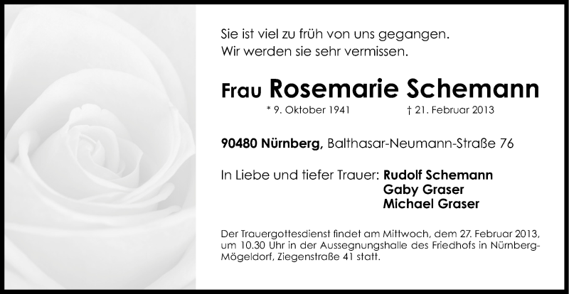  Traueranzeige für Rosemarie Schemann vom 25.02.2013 aus Gesamtausgabe Nürnberger Nachrichten/ Nürnberger Ztg.